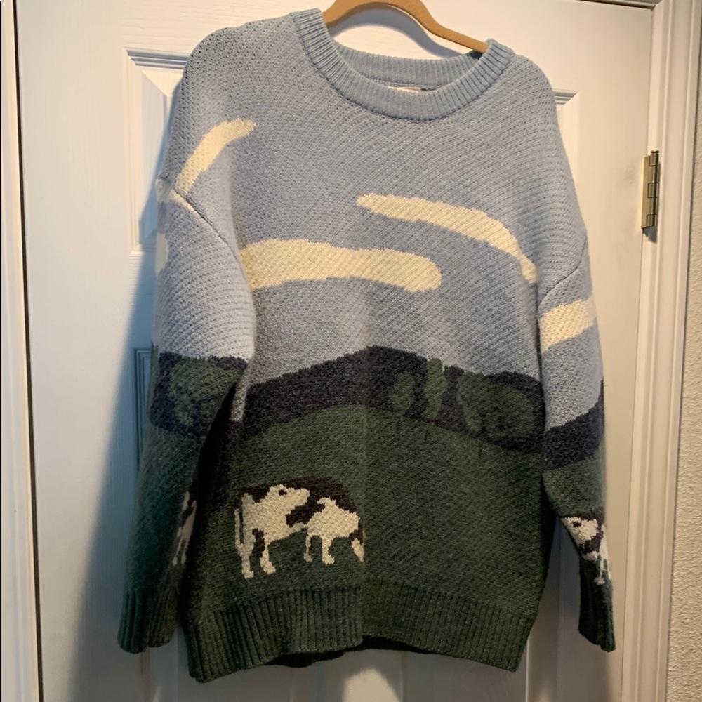 Aelfric Eden Blue and Green Sweater with Cow Design